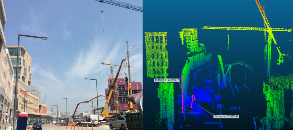 Left: picture of construction site; right: 3D map powered by Ouster digital lidar