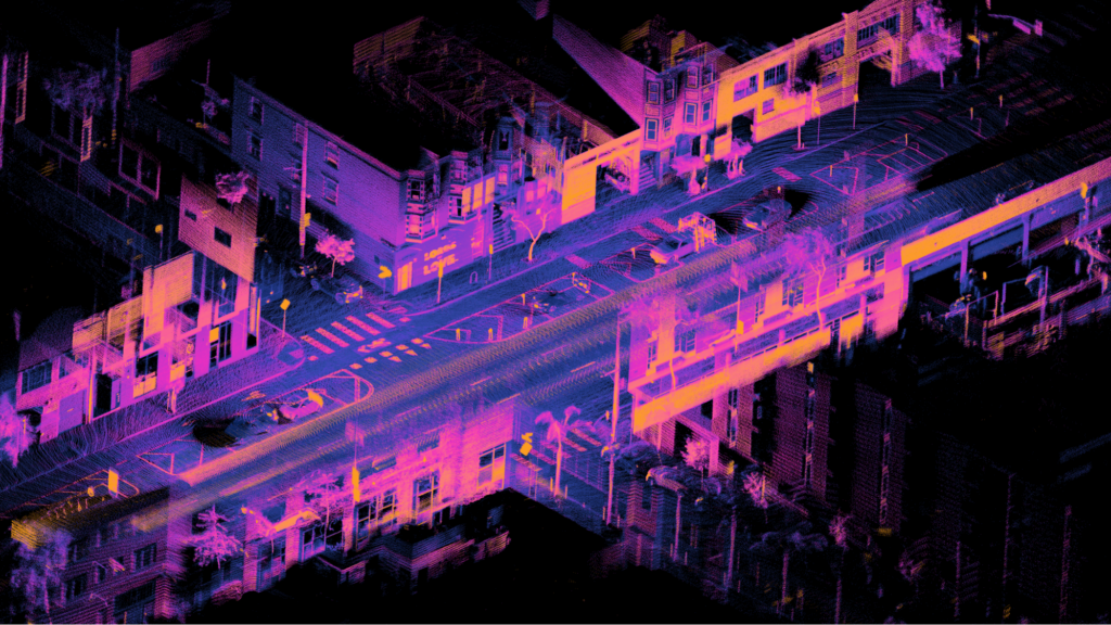 A lidar pointcloud of Folsom Street in San Francisco taken by a car with Ouster sensors mounted on it.