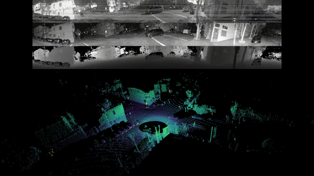 From top to bottom: ambient, signal, and depth images, and point cloud, from a single OS1-64 lidar sensor.