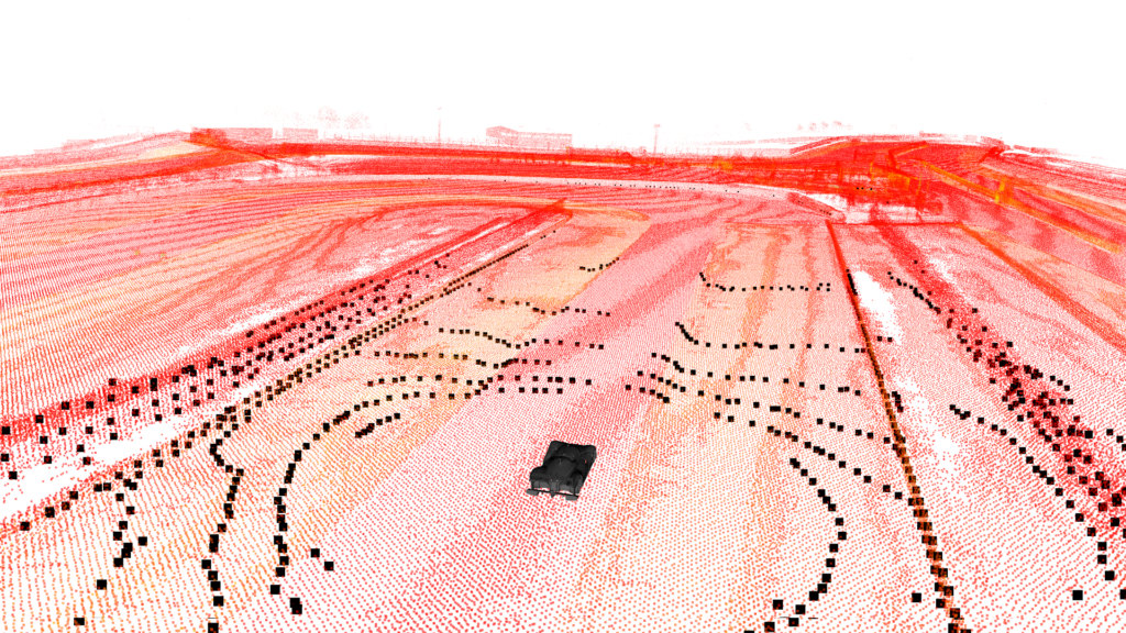 The OS1-16 points being used to localize the vehicle within an HD 3D map of the Zala Zone race track