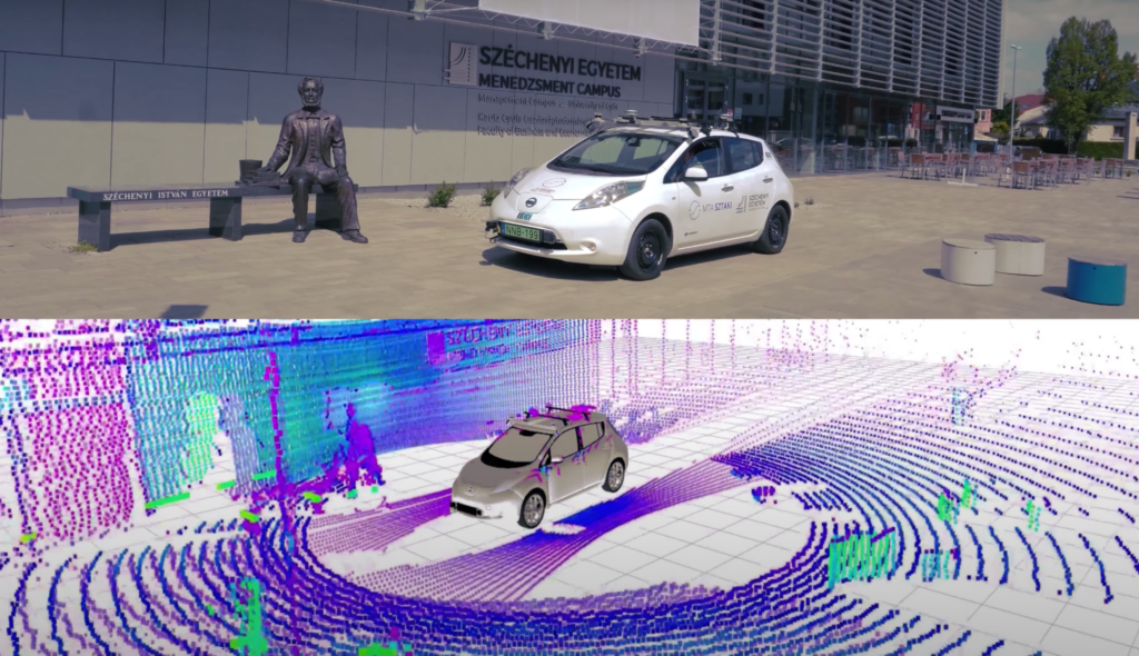 an image of lidar sensors mounted on a car and the SLAM output